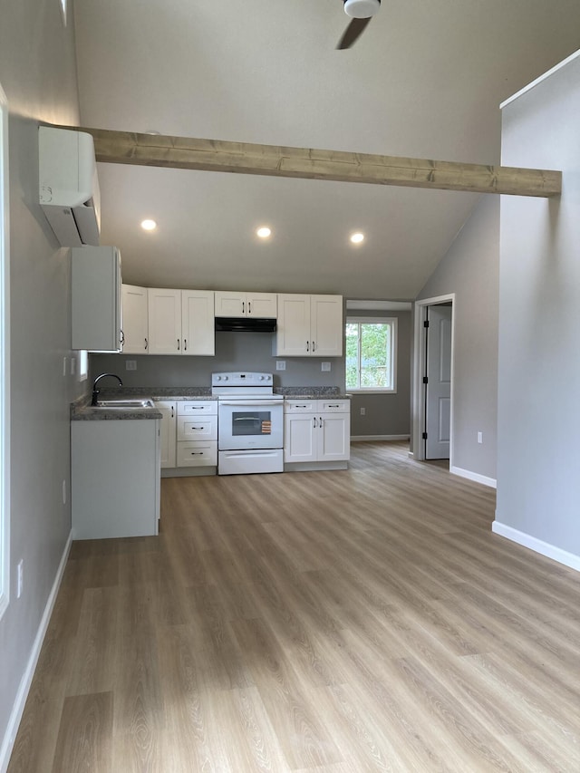 507 W Clouse St, Mountain Grove, MO 65711 - kitchen featuring white electric stove, dark countertops, white cabinets, light wood-style flooring, and lofted ceiling