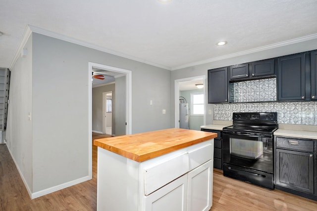 533 N Main St, Republic, MO 65738 - kitchen with black electric range oven, wood counters, light wood-style flooring, ornamental molding, and decorative backsplash