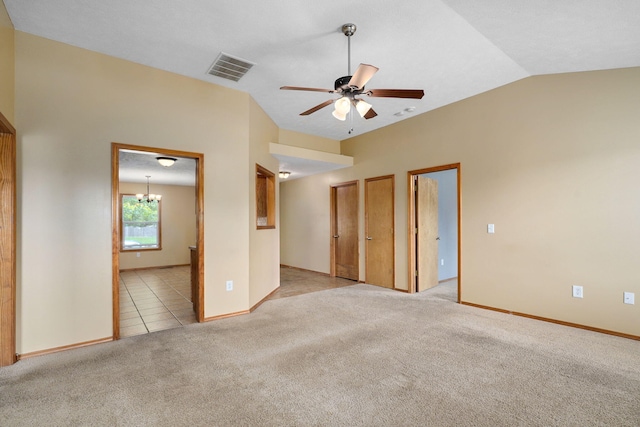 844 S Natalie Ave, Springfield, MO 65802 - empty room with ceiling fan, light colored carpet, a chandelier, and lofted ceiling