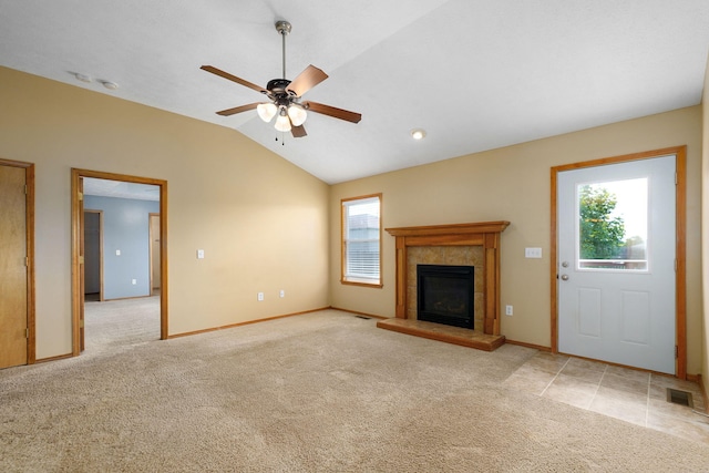 844 S Natalie Ave, Springfield, MO 65802 - unfurnished living room featuring lofted ceiling, light carpet, a fireplace, and ceiling fan