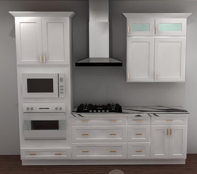858 E Richmond Way, Nixa, MO 65714 - kitchen featuring white appliances, wall chimney range hood, dark wood-type flooring, and white cabinetry