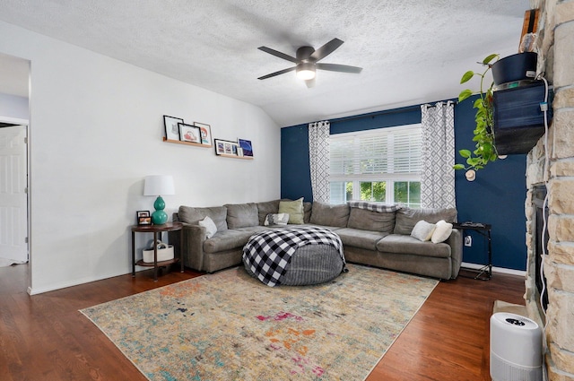 5055 E Cherry Pl, Springfield, MO 65809 - living room with a ceiling fan, wood finished floors, a textured ceiling, and vaulted ceiling