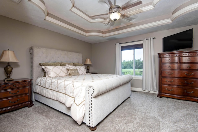 4604 E Kentbrook Dr, Springfield, MO 65802 - bedroom with light colored carpet, a tray ceiling, ceiling fan, and ornamental molding