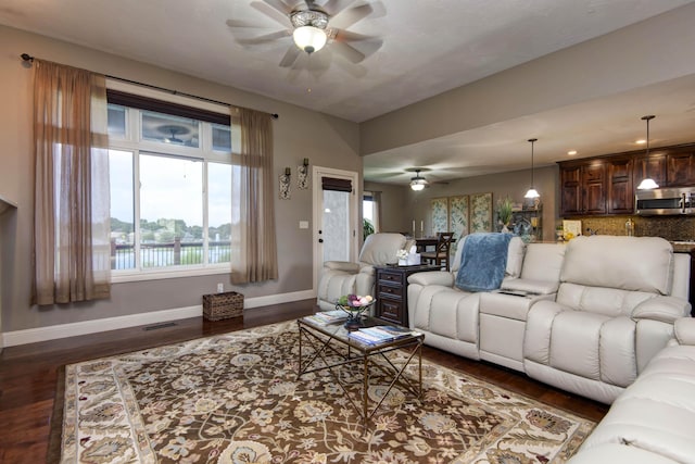 4604 E Kentbrook Dr, Springfield, MO 65802 - living room with ceiling fan, wood finished floors, a water view, and recessed lighting