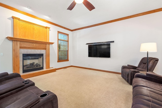 217 E Grace St, Republic, MO 65738 - living area featuring carpet floors, crown molding, ceiling fan, and a glass covered fireplace
