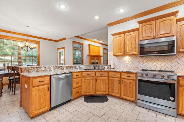 217 E Grace St, Republic, MO 65738 - kitchen featuring appliances with stainless steel finishes, ornamental molding, a peninsula, decorative backsplash, and light stone counters