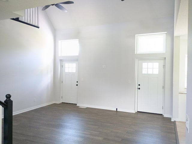 6540 Gateway Dr, Joplin, MO 64804 - foyer with a ceiling fan, high vaulted ceiling, and dark wood-style floors