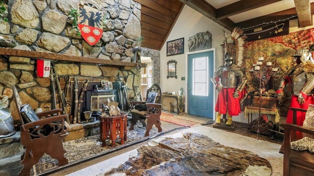 1339 W Business Highway 60-63, Willow Springs, MO 65793 - living area with beamed ceiling, high vaulted ceiling, a wood stove, and wood finished floors
