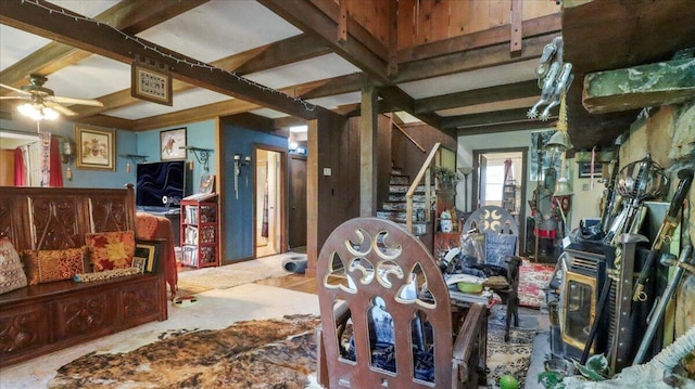 1339 W Business Highway 60-63, Willow Springs, MO 65793 - living room with a ceiling fan, beamed ceiling, and stairs