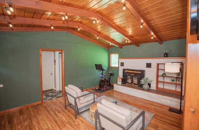 619 Rte H, Greenfield, MO 65661 - living area featuring track lighting, wood finished floors, wood ceiling, and a fireplace with raised hearth