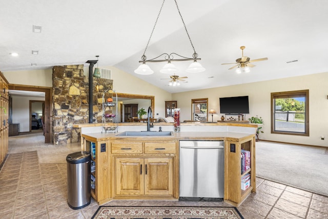 14410 Native Dr, Phillipsburg, MO 65722 - kitchen with dishwasher, open floor plan, light colored carpet, ceiling fan, and vaulted ceiling