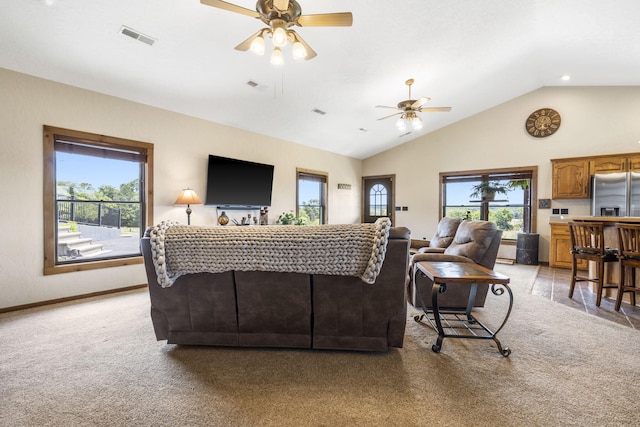 14410 Native Dr, Phillipsburg, MO 65722 - living room featuring ceiling fan, light colored carpet, and lofted ceiling