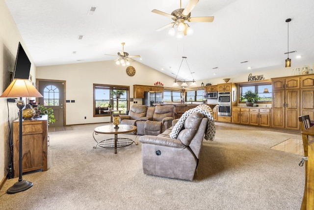14410 Native Dr, Phillipsburg, MO 65722 - living room with light colored carpet, ceiling fan, vaulted ceiling, and recessed lighting