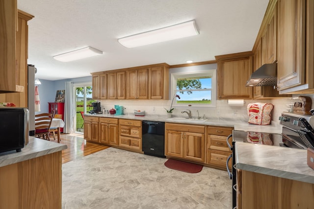 2616 Schupbach Rd, Clever, MO 65631 - kitchen featuring dishwasher, wall chimney range hood, range with electric cooktop, tasteful backsplash, and brown cabinetry