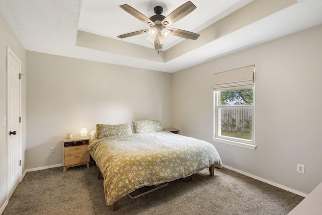 578 Stoney Path, Nixa, MO 65714 - bedroom with dark colored carpet, a raised ceiling, and ceiling fan