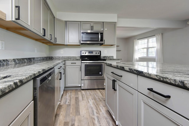 2525 New Hampshire Ave, Joplin, MO 64804 - kitchen featuring appliances with stainless steel finishes, light wood-style flooring, dark stone counters, and gray cabinetry