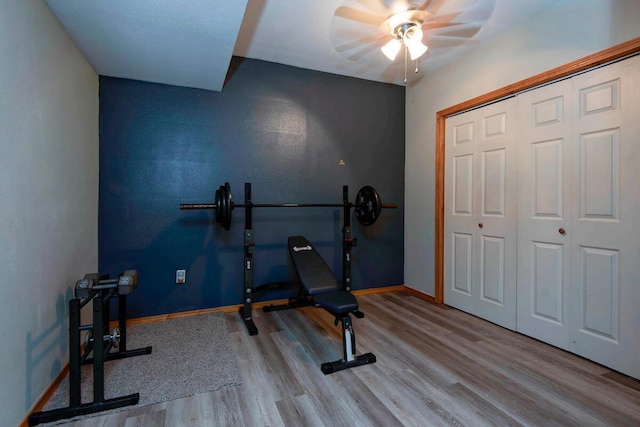 579 Lantern Hill Rd, Nixa, MO 65714 - workout area featuring wood finished floors and ceiling fan