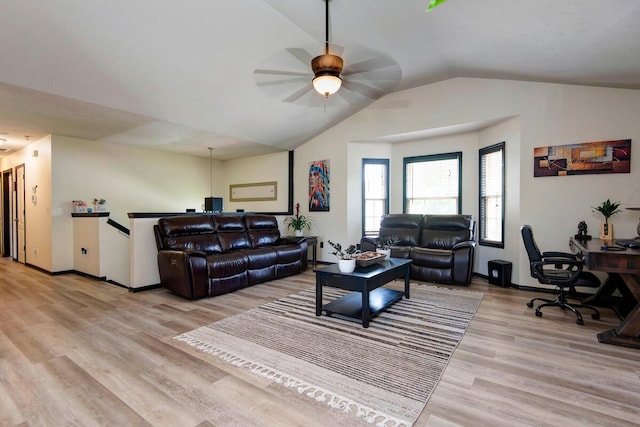 579 Lantern Hill Rd, Nixa, MO 65714 - living area with lofted ceiling, light wood-style floors, ceiling fan, and a desk