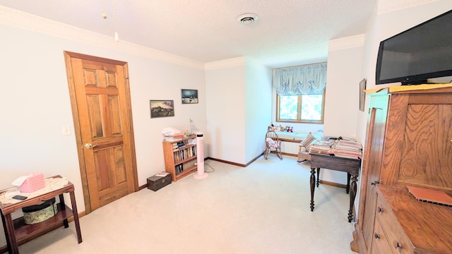 2930 S 175th Rd, El Dorado Springs, MO 64744 - office area with light colored carpet, a textured ceiling, and crown molding