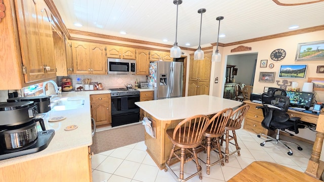 2930 S 175th Rd, El Dorado Springs, MO 64744 - kitchen with appliances with stainless steel finishes, light countertops, a center island, light tile patterned floors, and recessed lighting