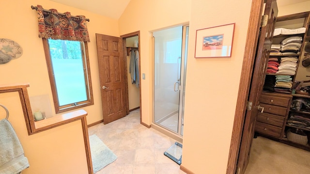 2930 S 175th Rd, El Dorado Springs, MO 64744 - bathroom with a shower stall and lofted ceiling