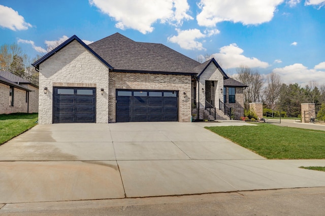 3945 E Woodhue St, Springfield, MO 65802 - french country inspired facade featuring concrete driveway, a front yard, a garage, brick siding, and a shingled roof