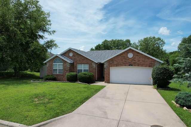 805 S Benson Pl, Nixa, MO 65714 - ranch-style house with an attached garage, brick siding, a front lawn, concrete driveway, and roof with shingles