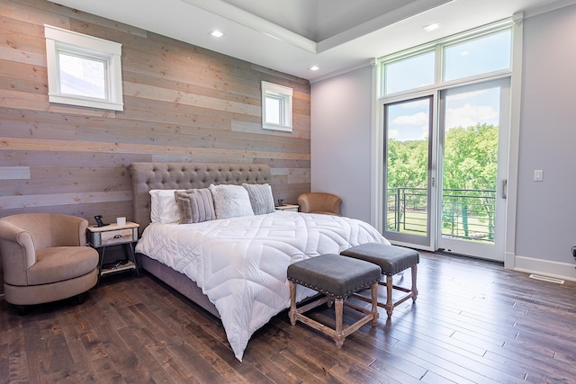 6323 Creeksedge Ct, Ozark, MO 65721 - bedroom featuring access to outside, wooden walls, multiple windows, recessed lighting, and dark wood-type flooring