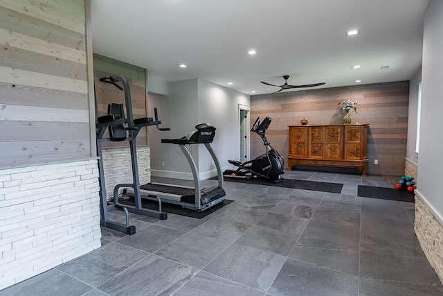 6323 Creeksedge Ct, Ozark, MO 65721 - exercise room featuring wooden walls, a ceiling fan, and recessed lighting