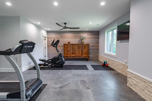 6323 Creeksedge Ct, Ozark, MO 65721 - exercise area with ceiling fan, wooden walls, and recessed lighting