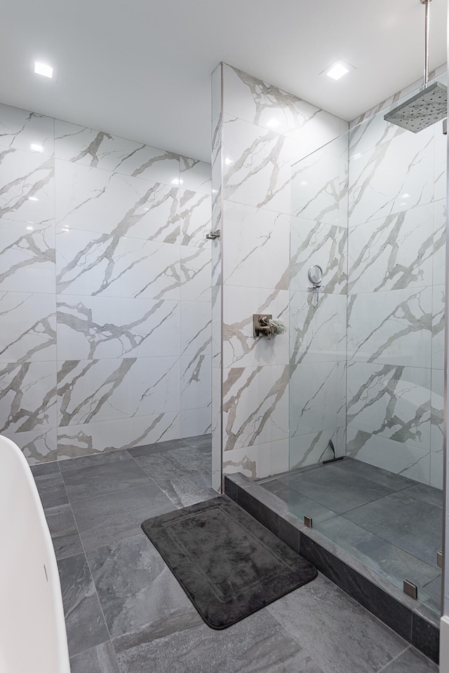 6323 Creeksedge Ct, Ozark, MO 65721 - bathroom with a marble finish shower, marble tiled flooring, and tile walls