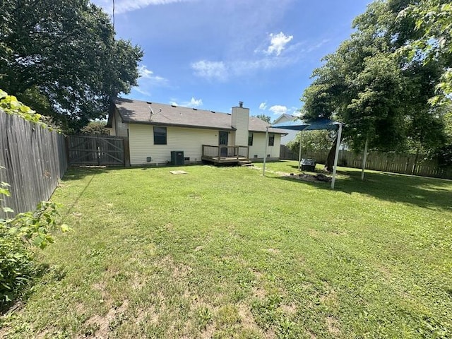 2201 S 18th Ave, Ozark, MO 65721 - back of house featuring a fenced backyard, a deck, a gate, and a chimney