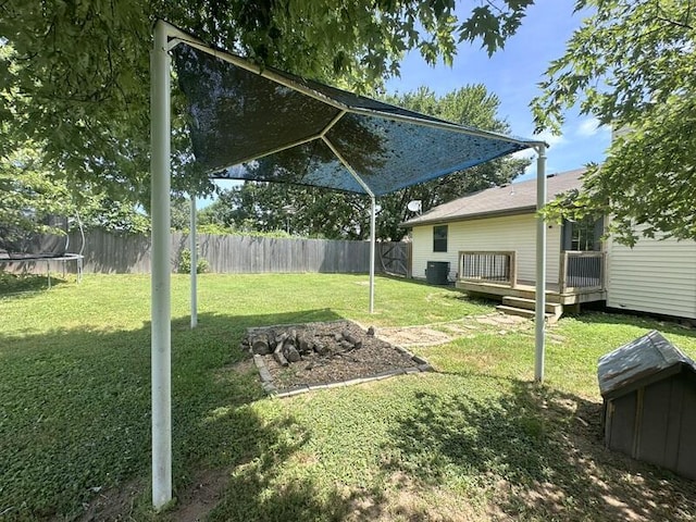 2201 S 18th Ave, Ozark, MO 65721 - fenced backyard with a trampoline and a wooden deck