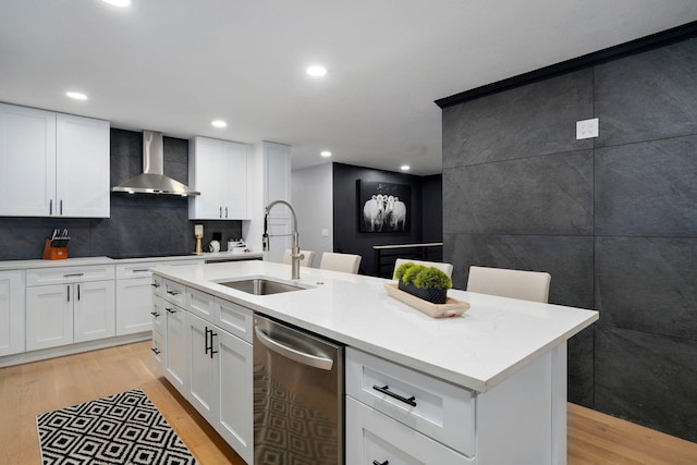 12163 State Highway Tt, Republic, MO 65738 - kitchen featuring wall chimney range hood, stainless steel dishwasher, light wood-style floors, black electric stovetop, and recessed lighting