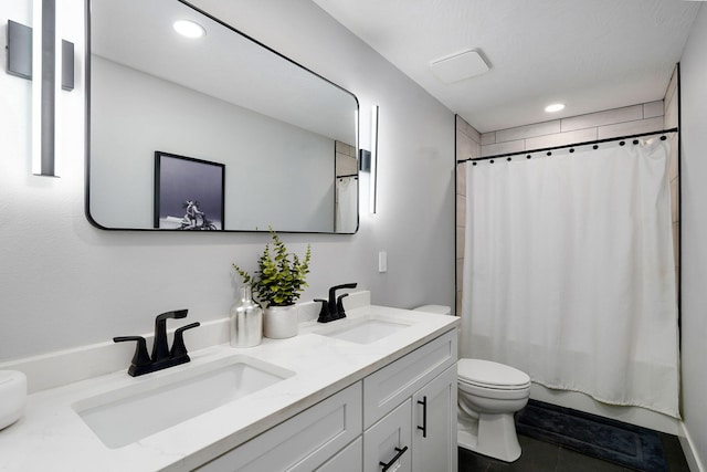 12163 State Highway Tt, Republic, MO 65738 - bathroom featuring double vanity, recessed lighting, shower / tub combo with curtain, and tile patterned flooring