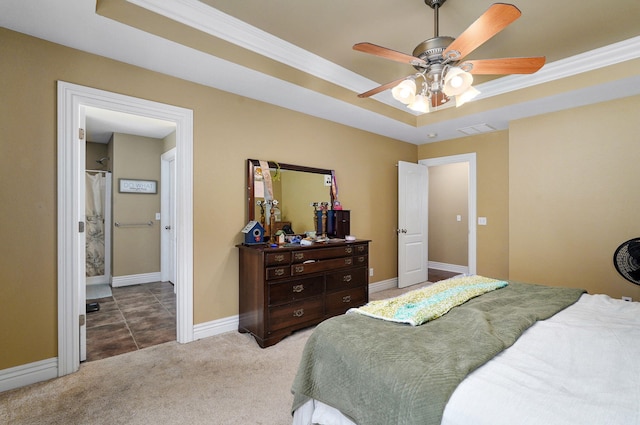 823 Mcvey St, Mount Vernon, MO 65712 - carpeted bedroom featuring a tray ceiling, crown molding, and a ceiling fan