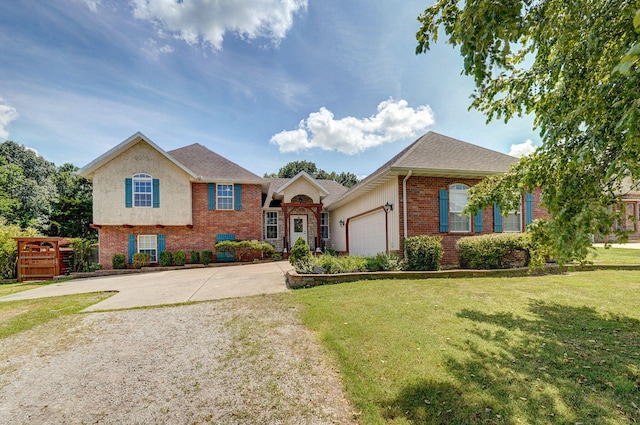 823 Mcvey St, Mount Vernon, MO 65712 - view of front of house featuring a garage, concrete driveway, brick siding, a front yard, and a shingled roof