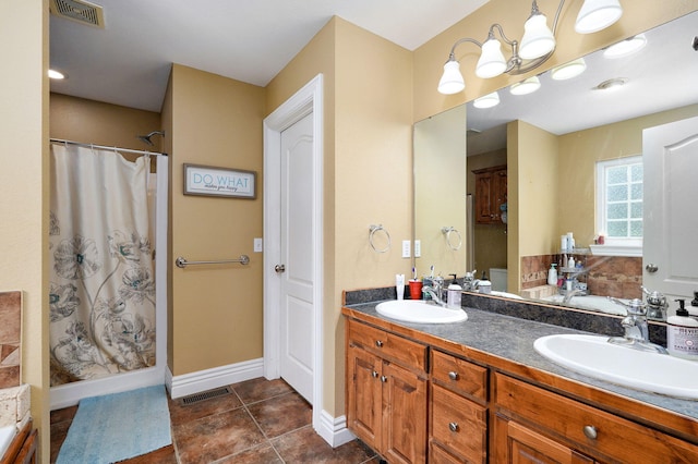 823 Mcvey St, Mount Vernon, MO 65712 - full bath featuring double vanity, tile patterned flooring, a shower with shower curtain, and a bathtub