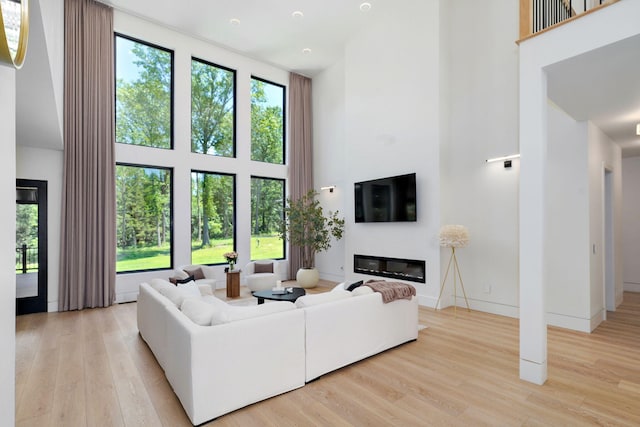 104 Walnut Hill Ln, Ozark, MO 65721 - living area featuring a high ceiling, a glass covered fireplace, and light wood-type flooring