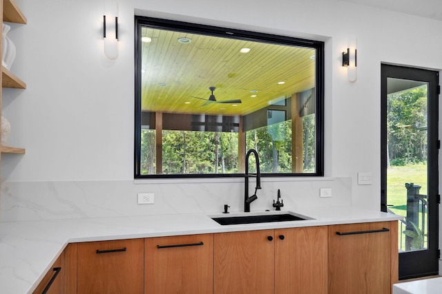 104 Walnut Hill Ln, Ozark, MO 65721 - bar area featuring tasteful backsplash, ceiling fan, plenty of natural light, recessed lighting, and wood ceiling