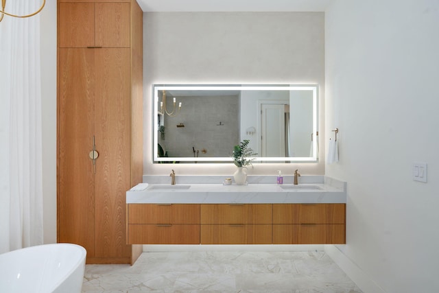 104 Walnut Hill Ln, Ozark, MO 65721 - full bath with double vanity, marble look tiles, a freestanding tub, and a tile shower