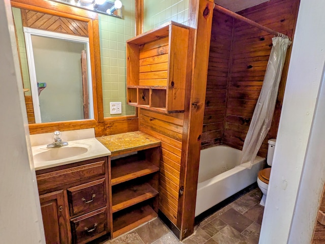 13802 E State Highway 76, Taneyville, MO 65759 - full bathroom with vanity, shower / bathtub combination with curtain, and stone finish flooring