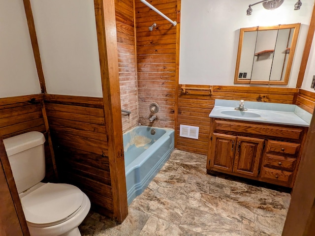 13802 E State Highway 76, Taneyville, MO 65759 - bathroom with vanity, bathing tub / shower combination, wood walls, wainscoting, and stone finish flooring
