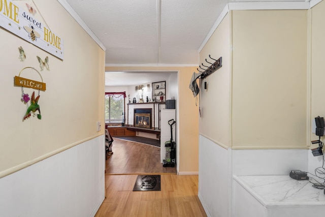 6665 State Highway 173, Cape Fair, MO 65624 - hallway with light wood-style flooring, a textured ceiling, and ornamental molding