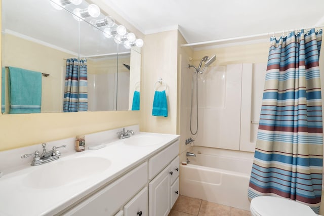 6665 State Highway 173, Cape Fair, MO 65624 - bathroom with shower / tub combo with curtain, double vanity, tile patterned floors, and ornamental molding
