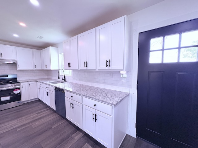 401 E 17th St, Lockwood, MO 65682 - kitchen with stainless steel range with electric cooktop, black dishwasher, under cabinet range hood, tasteful backsplash, and recessed lighting