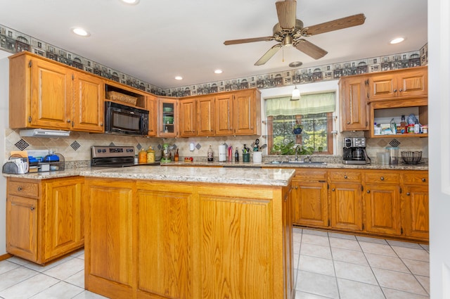 6337 S Farm Road 31, Billings, MO 65610 - kitchen featuring black microwave, open shelves, light tile patterned flooring, light stone counters, and recessed lighting