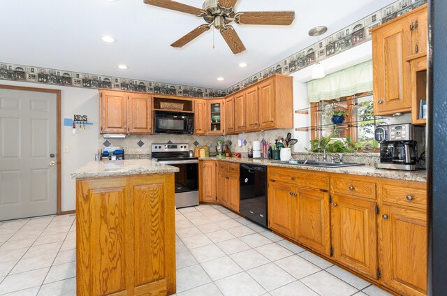 6337 S Farm Road 31, Billings, MO 65610 - kitchen with black appliances, a kitchen island, ceiling fan, backsplash, and brown cabinets