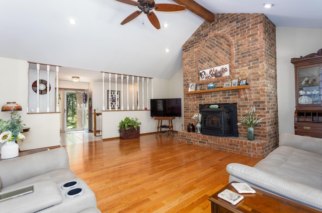 6337 S Farm Road 31, Billings, MO 65610 - living area with wood finished floors, beam ceiling, a ceiling fan, high vaulted ceiling, and recessed lighting