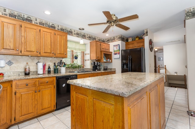 6337 S Farm Road 31, Billings, MO 65610 - kitchen featuring black appliances, light tile patterned floors, a center island, ceiling fan, and light stone countertops